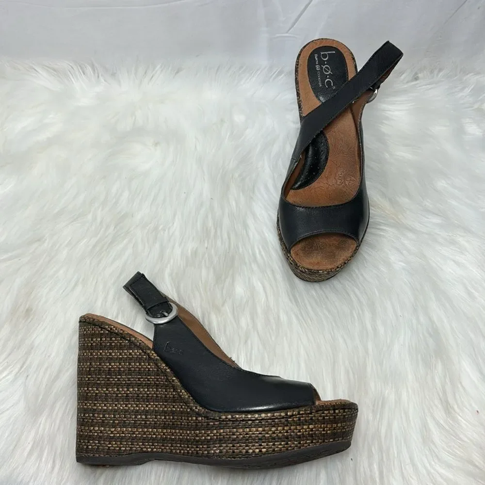 Born BOC Black Leather Raffia Wedge Peep‎ Toe Shoes Sz 9